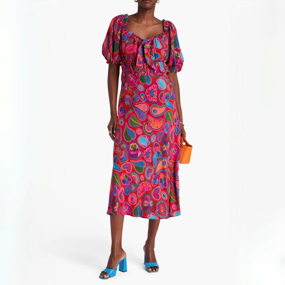 FARM RIO Lisa Printed Crepe Midi Dress - Red and Multicolor - Size XS